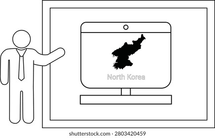 A simple line drawing of a person in a suit pointing to a computer screen displaying the map of North Korea.