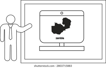 A simple line drawing of a person in a suit and tie pointing towards a computer monitor displaying the map of Zambia.