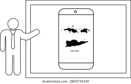 A simple line drawing of a person in a suit pointing to a smartphone screen showing a map of the US Virgin Islands and other islands