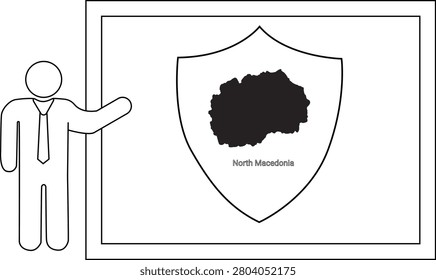 A simple line drawing of a person in a suit pointing to a shield with the map of North Macedonia inside