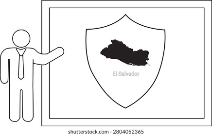 A simple line drawing of a person in a suit pointing to a shield containing the map of El Salvador