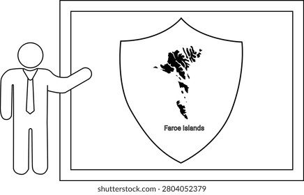 A simple line drawing of a person in a suit pointing to a shield with the map of the Faroe Islands inside