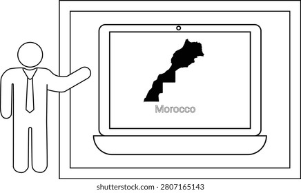 A simple line drawing of a person in a suit pointing towards a laptop displaying the map of Morocco.