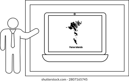 A simple line drawing of a person in a suit pointing to a laptop displaying a map of the Faroe Islands.