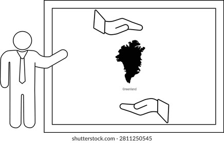 A simple line drawing of a person in a suit pointing to a map of Greenland displayed on a whiteboard, with two hands shown above and below the map.