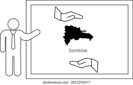 A simple line drawing of a person in a suit pointing to a map of the Dominican Republic on a whiteboard, with two open hands above and below the map.