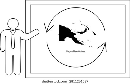A simple line drawing of a person in a suit pointing to a whiteboard displaying a map of Papua New Guinea within a circular arrow graphic.
