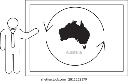 A simple line drawing of a person in a suit pointing to a map of Australia on a whiteboard with circular arrows.