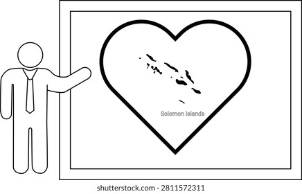 A simple line drawing of a person in a suit pointing to a heart shape containing the map of the Solomon Islands