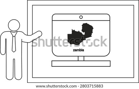 A simple line drawing of a person in a suit and tie pointing towards a computer monitor displaying the map of Zambia.