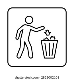 Simple line drawing of a person throwing trash into a waste bin, symbolizing waste disposal and environmental responsibility.