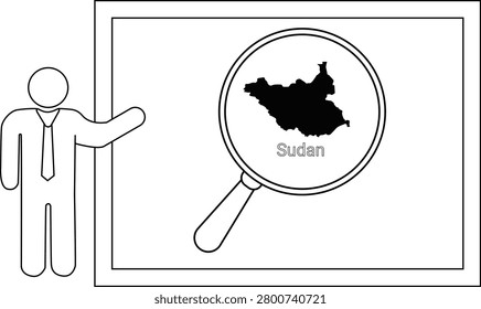 A simple line drawing of a person in a tie pointing to a whiteboard displaying a magnified map of South Sudan.