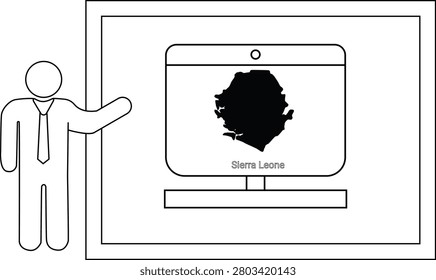 A simple line drawing of a person in a tie pointing to a computer screen displaying the map of Sierra Leone.