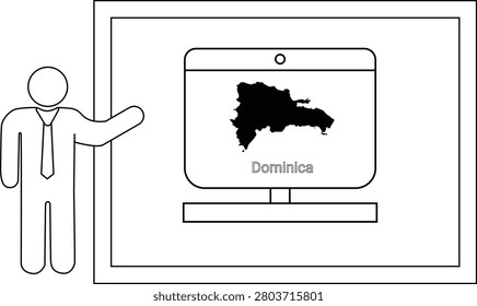 A simple line drawing of a person in a tie pointing to a computer screen displaying the map of the Dominican Republic.