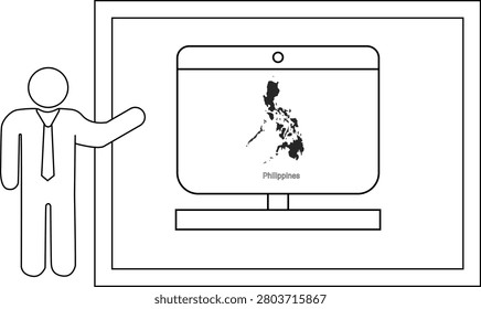 A simple line drawing of a person in a tie pointing to a computer monitor displaying a map of the Philippines.