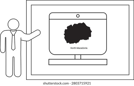 A simple line drawing of a person in a tie pointing to a computer monitor displaying the map of North Macedonia.