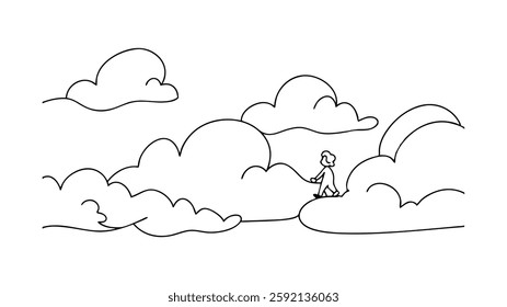 Simple line drawing of a person walking on fluffy clouds in a dreamy sky. The art style is minimalist and peaceful, evoking a sense of wonder.