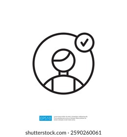 A simple line drawing of a person within a circle, featuring a checkmark, symbolizing verification or approval. Illustration icon