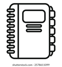 Simple line drawing of a personal closed notebook with a bookmark ribbon, suggesting organization and planning
