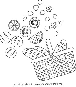 Un simple dibujo de línea de una cesta de picnic llena de pan y varias rodajas de fruta esparcidas a su alrededor.
