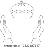 A simple line drawing of a pie with a cherry on top, cradled by two open hands below.