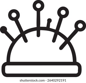 A simple line drawing of a pin cushion with several pins sticking out of the top.