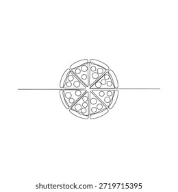 Dibujo de línea simple de una pizza cortada en rodajas con una sola línea
