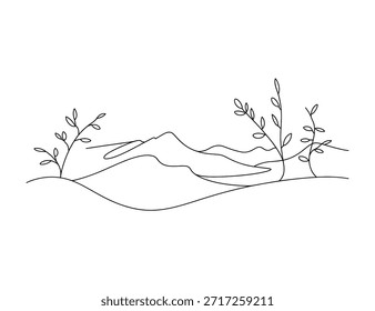 Desenho de linha simples de um ramo de planta com folhas isoladas em branco liso