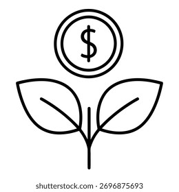 A simple line drawing of a plant with a dollar coin as its fruit, symbolizing financial growth.