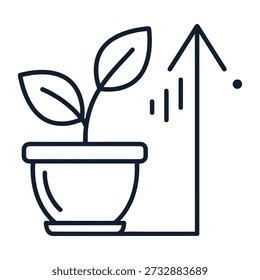 Un simple dibujo de línea de una planta en una maceta con dos hojas y un gráfico ascendente