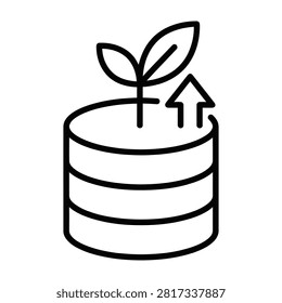 Simple line drawing of a plant sprouting from a database with upward arrows