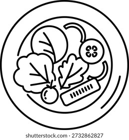 A simple line drawing of a plate containing lettuce, a tomato, and a slice of cheese