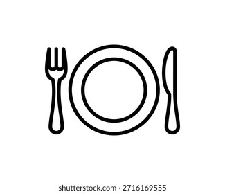 Simple line drawing of a plate with fork and knife, representing a restaurant table setting