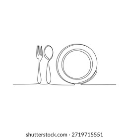 Simple line drawing of a plate fork and spoon on a white background