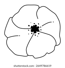 Simple line drawing of poppy flower in black and white. Clipart image isolated on background.