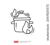 A simple line drawing of a pot with flames, suggesting cooking or boiling. The design is minimalistic and emphasizes heat and cooking activity.