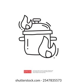 A simple line drawing of a pot with flames, suggesting cooking or boiling. The design is minimalistic and emphasizes heat and cooking activity.