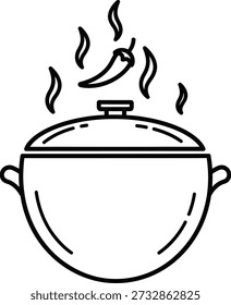 Un simple dibujo de línea de una olla con una tapa y vapor subiendo, transmitiendo una sensación de comida caliente o líquido