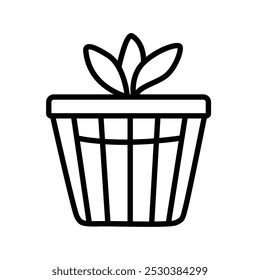 A simple line drawing of a potted plant with two leaves.
