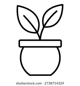 A simple line drawing of a potted plant with two leaves sprouting from the top. isolated on white background, Vector