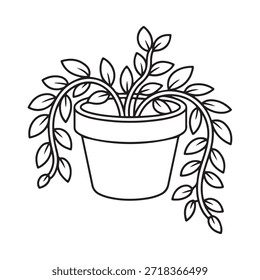 A simple line drawing of a potted trailing houseplant with foliage