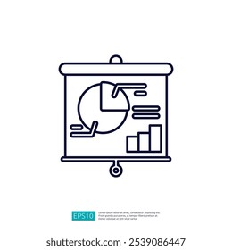 Um simples desenho de linha de um quadro de apresentação exibindo um gráfico de pizza e um gráfico de barras, ilustrando a visualização de dados para fins comerciais ou acadêmicos.