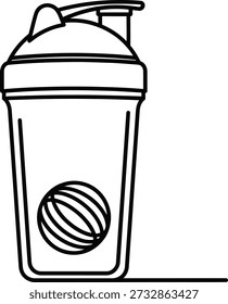 Eine einfache Linienzeichnung einer Proteinshaker-Flasche mit einer Kugel im Inneren