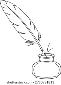 A simple line drawing of a quill pen dipping into an inkwell, symbolizing writing and literature.