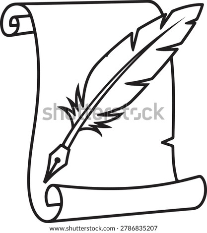 Simple line drawing of a quill pen with feather writing on an old-fashioned scroll, perfect for vintage or historical themes