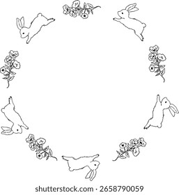 Simple line drawing of rabbit and bouquet of flowers round frame label design