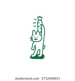 A simple line drawing of a rabbit holding a carrot above its head.