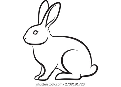 A simple line drawing of a rabbit sitting upright with its ears perked up isolated on white background