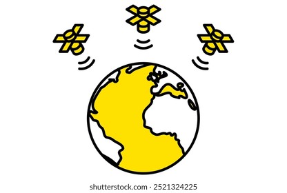 Simple line drawing of radio waves from a satellite falling to earth, isometric illustration, Vector Illustration