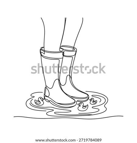 A simple line drawing of rain boots in a puddle with rubber ducks